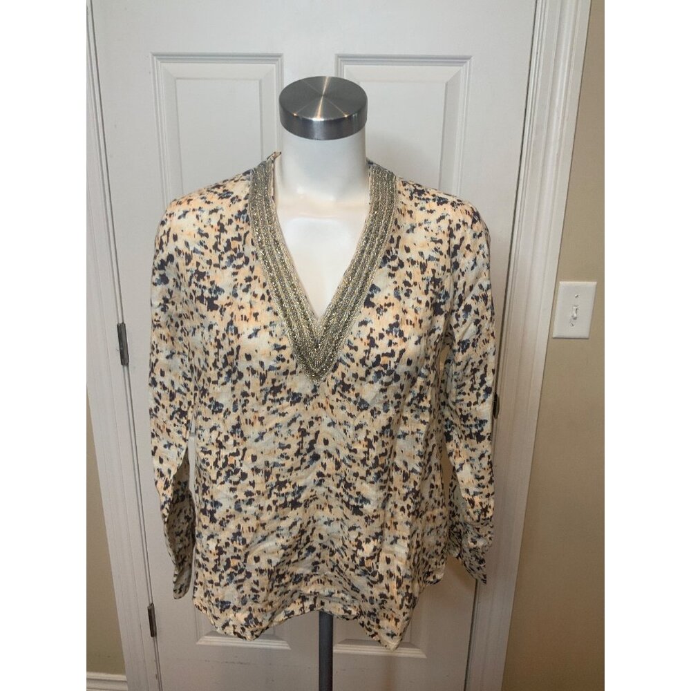 120 % Lino Cruise Camicia Donna Tan Splatter Beaded Top NWT! Size 4 | 40